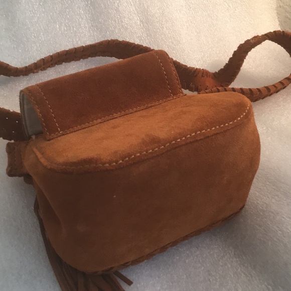 ZARA Suede Leather Mini Crossbody Bag Snap Closure Laced Strap Woven Trim Fringe - Picture 8 of 13